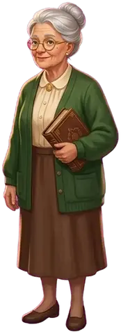 Grandma Aino in her green cardigan, holding a book.