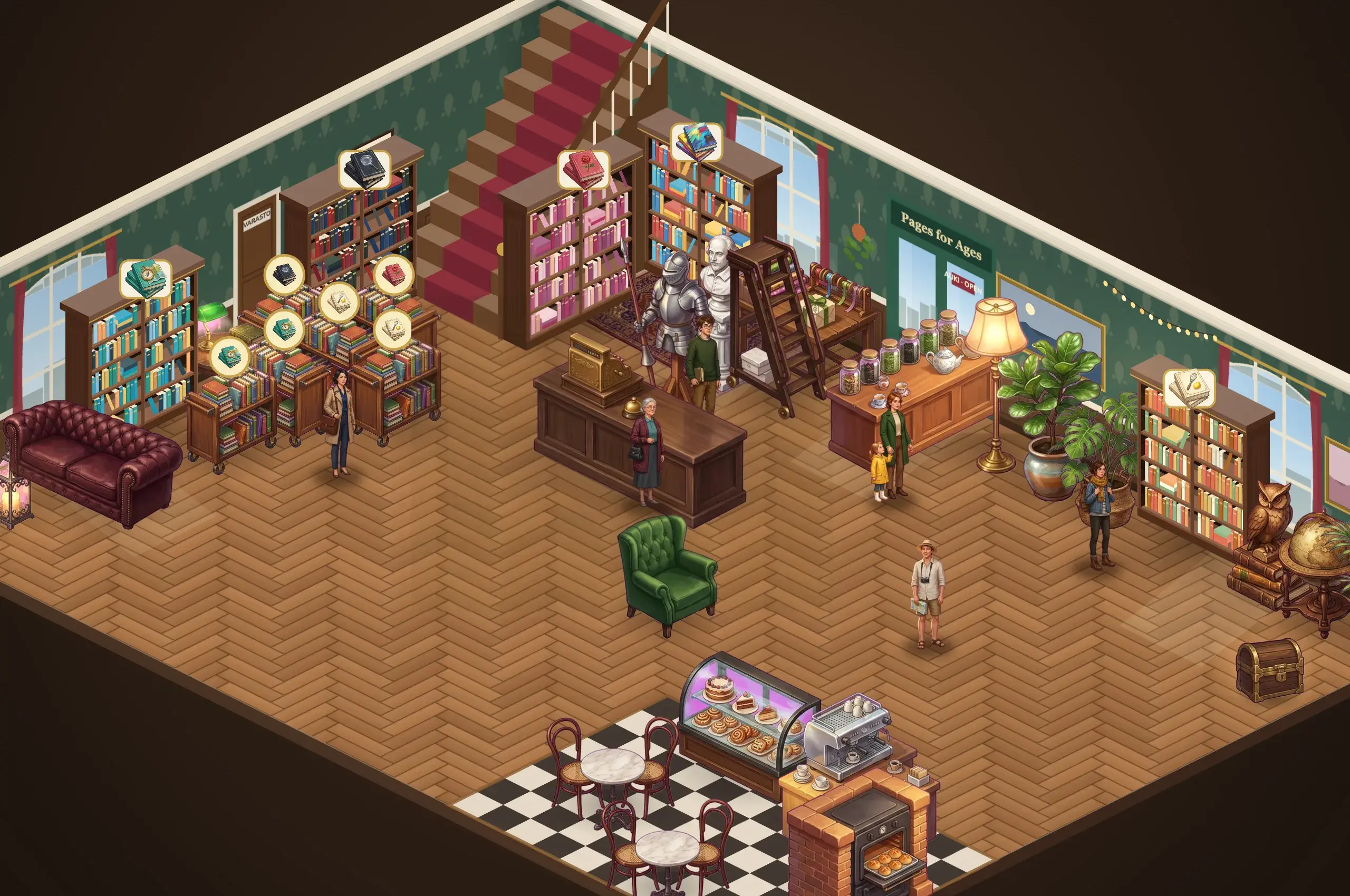 Aino’s bookshop in the game: walnut shelves full of books, a red-carpeted stair, a green armchair, readers at the counter and a café corner with a bread oven.