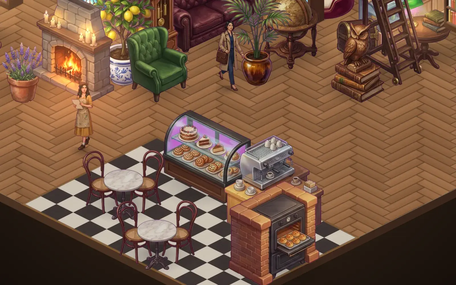The café in the evening: a cake counter, an espresso machine and a brick bread oven beside the checkered floor.