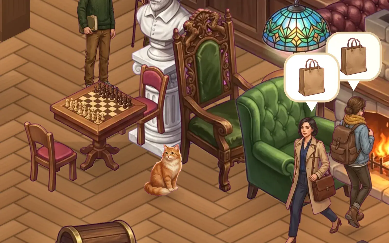 Page, the shop’s orange cat, sitting on the herringbone floor in front of a green armchair.
