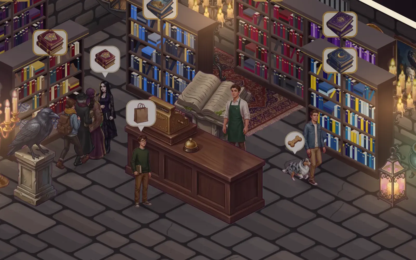 The candlelit cellar: stone walls, candelabras, a raven statue and a bubbling cauldron, with readers among the dark shelves.