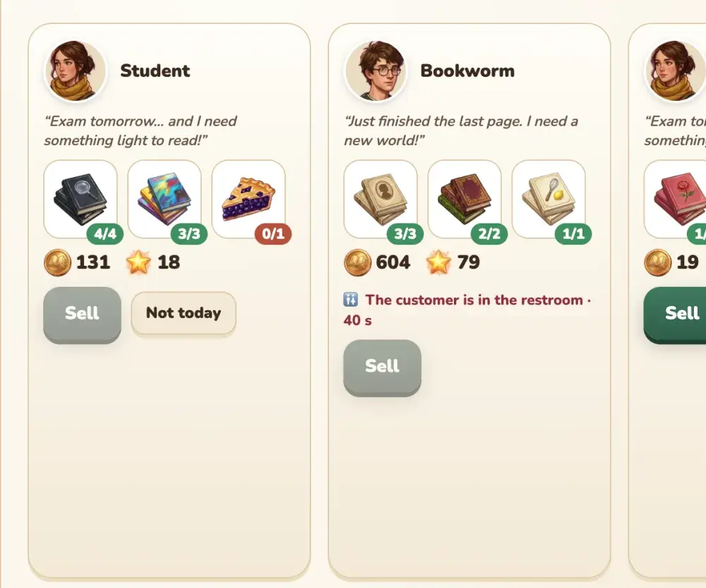 Two customers at the counter in the game, each with the books they want and a Sell button.