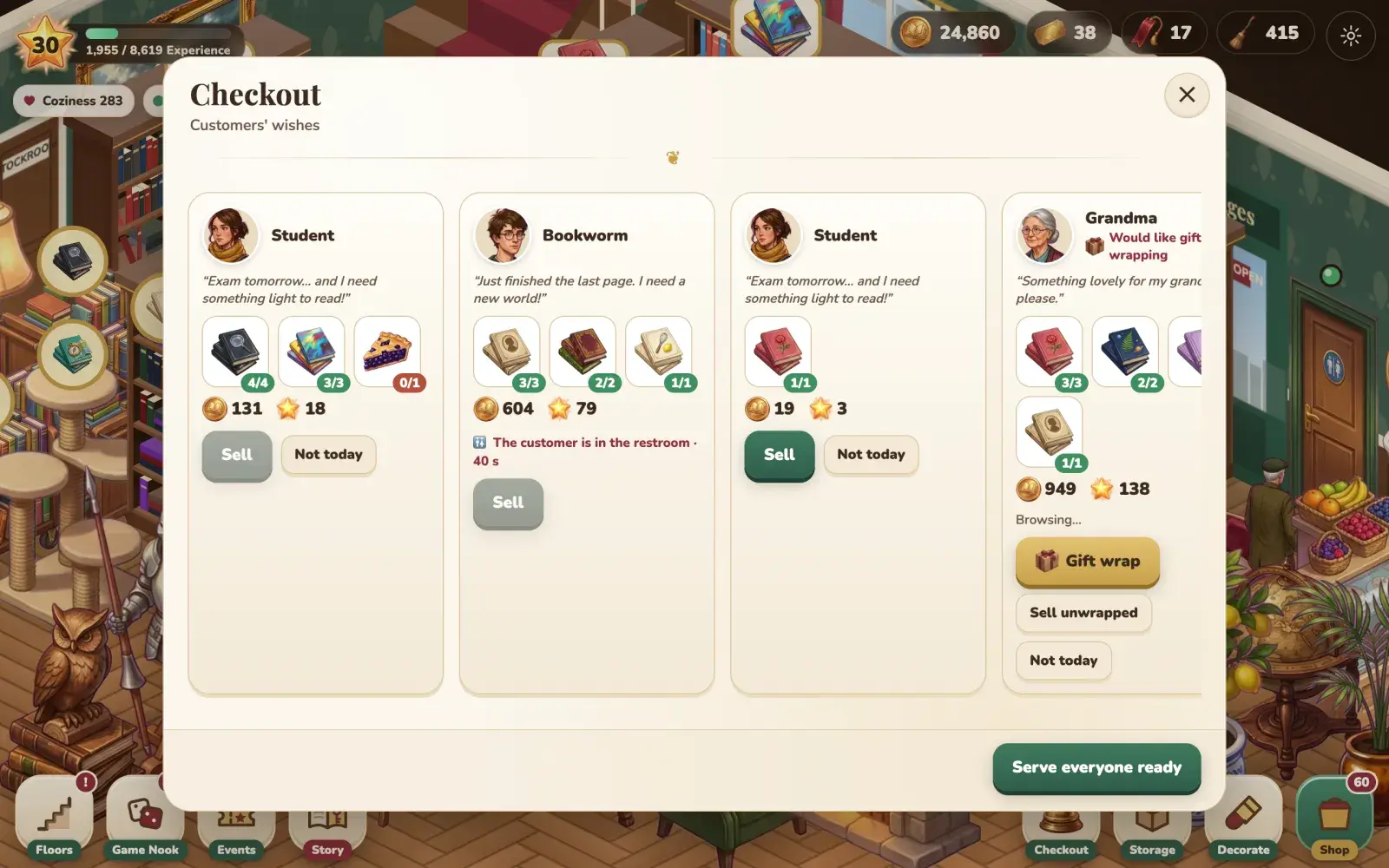 The counter panel in the game: four customers, each with the books they want, ready to sell or gift-wrap.