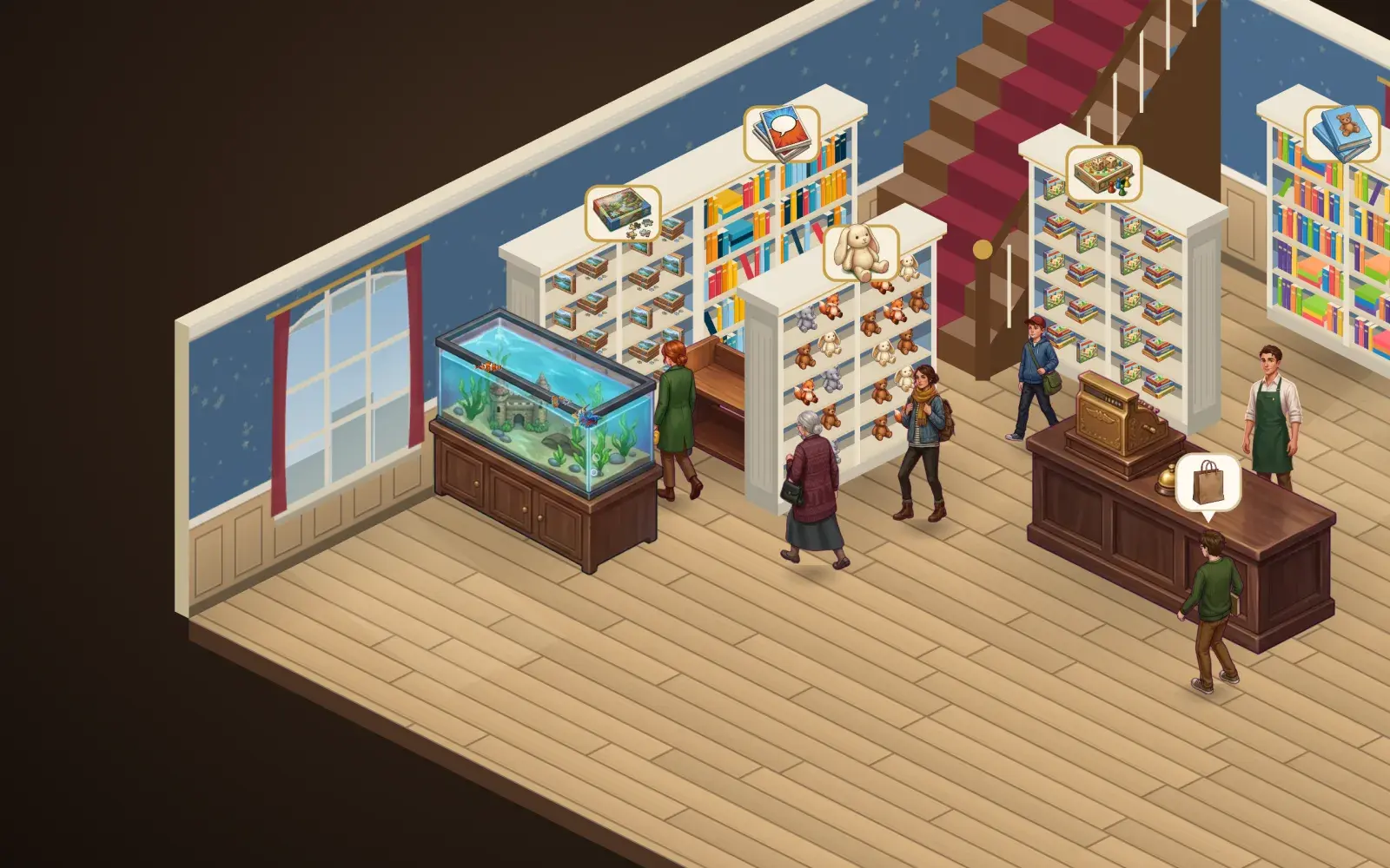 The children’s floor with an aquarium, low shelves and families browsing.
