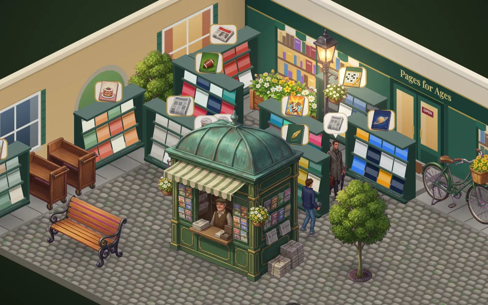 The street outside the shop at dusk: a green news kiosk, a fountain, benches and passers-by.